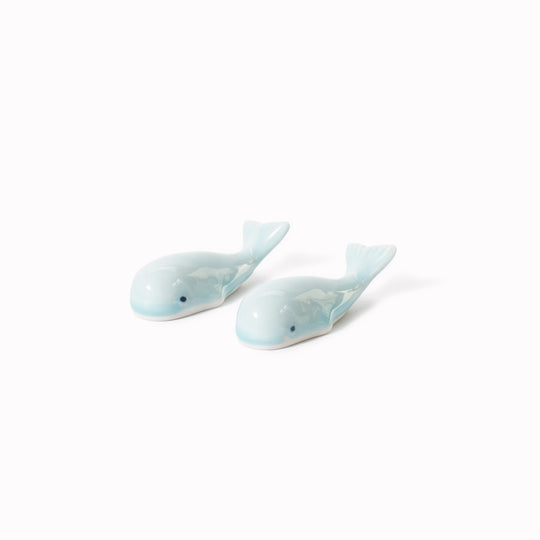Celadon blue toned porcelain whale chopstick rest made from 'Minoyaki' porcelain, fired at a high temperature and hand finished in Gifu prefecture, Japan.