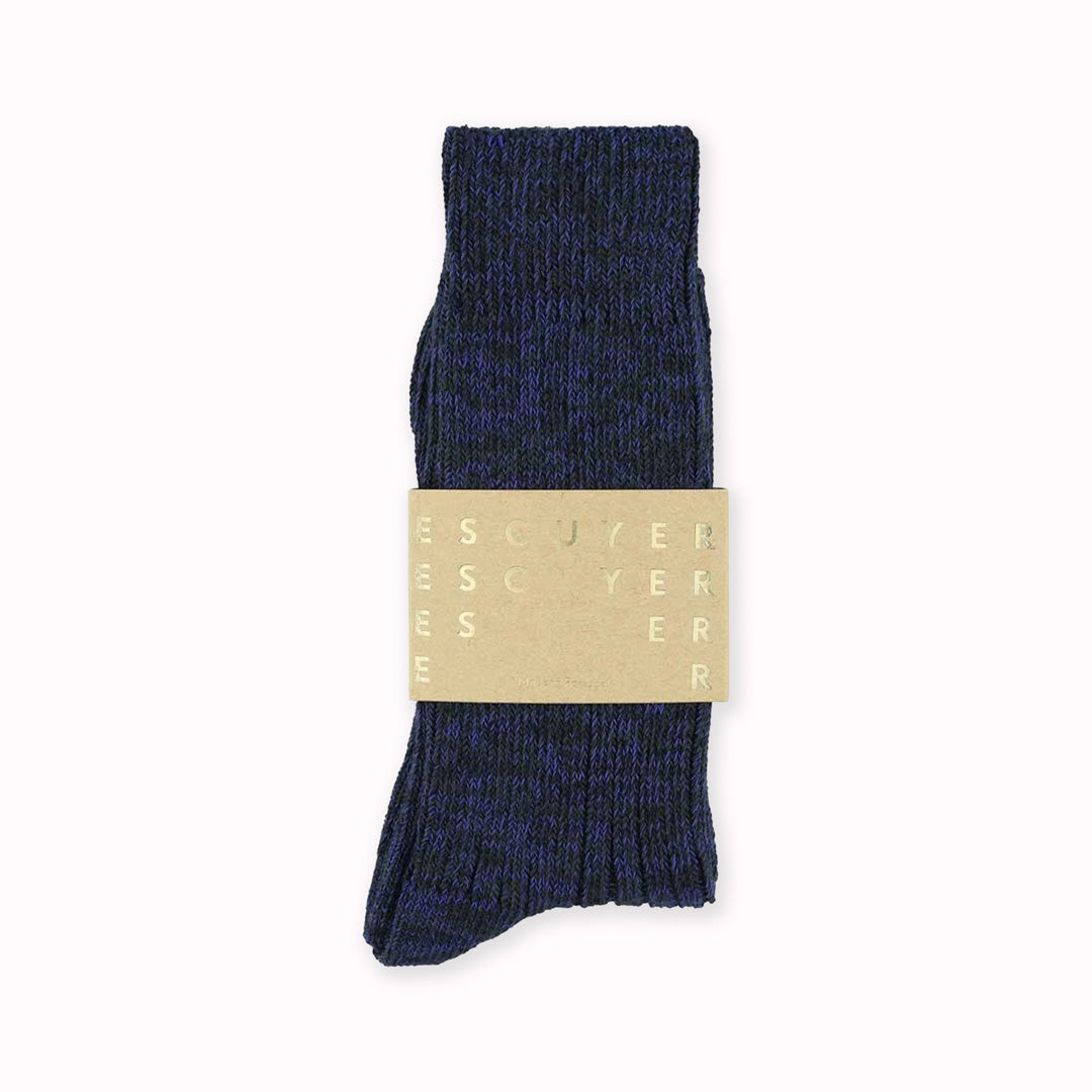 Blue Melange socks by Belgium based Escuyer. These socks are so comfortable! They are made from combed cotton twisted yarns giving them a soft touch and a vintage look