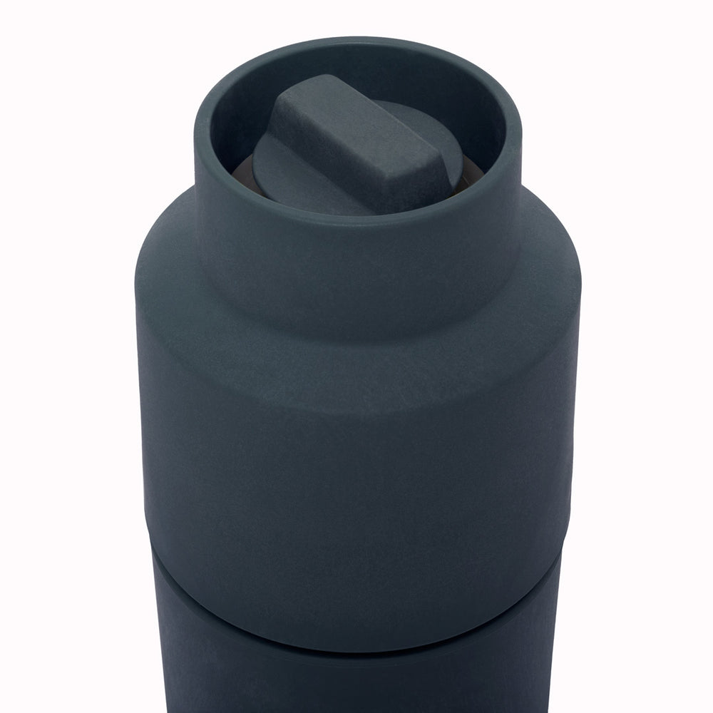Top View - The blueberry coloured Billund grinder from CrushGrind® is a 12cm tall upside-down grinder that does not leave any residues on the table.