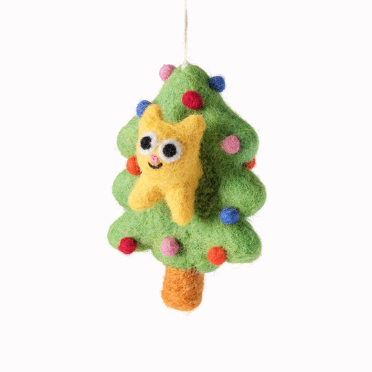 Bobby the Cat stuck in a tree! A playful felted Christmas tree decoration designed by Elliot Kruszynski.