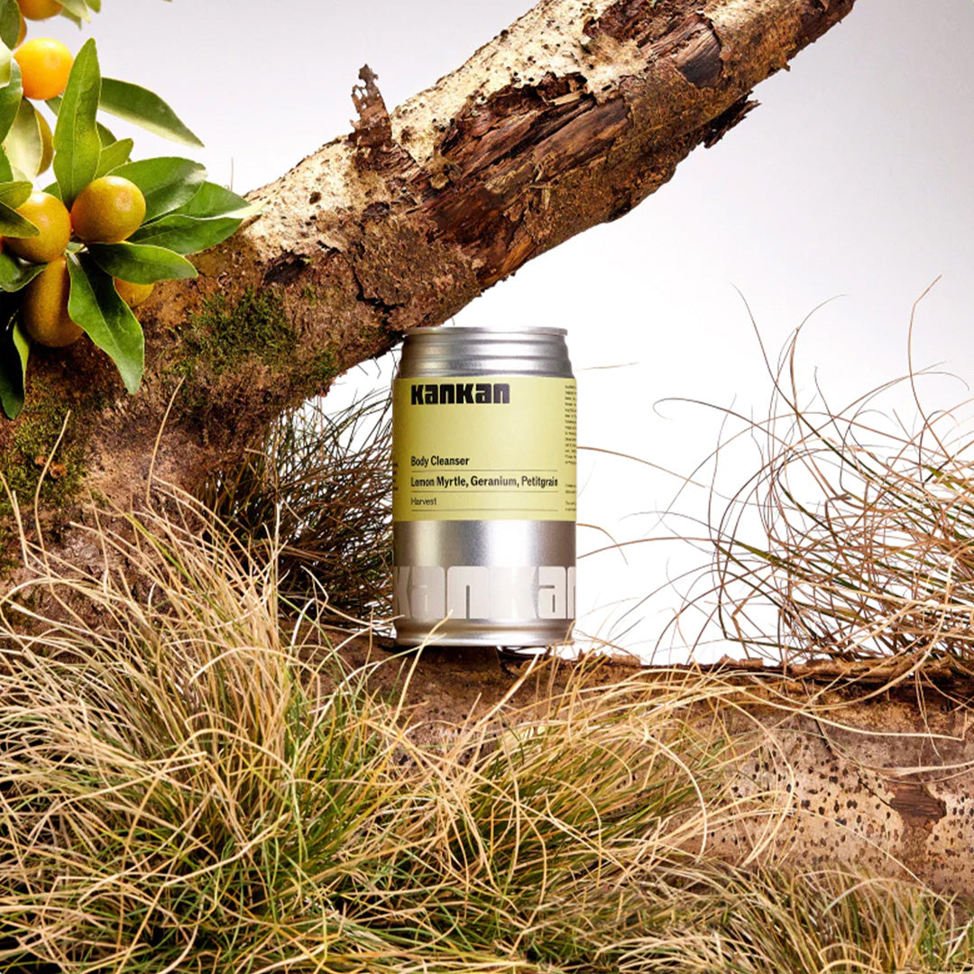 Harvest Lemon Myrtle, Geranium and Petitgrain body cleanser refill can is designed to be used with Kankan's reusable pump.  Shown with ingredients