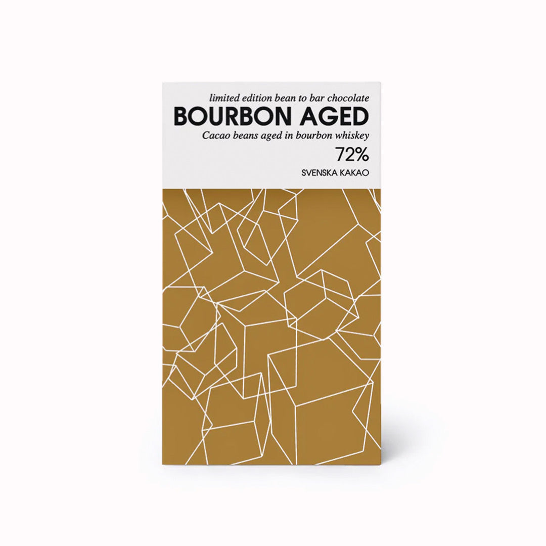 Bourbon Whisky Dark Chocolate, with 72% cocoa content, by Swedish craft chocolate company Svenska Kakao. They buy freshly harvested cocoa from the grower Semuliki Forest Cacao, then age the beans in bourbon whisky before making this limited edition chocolate bar.