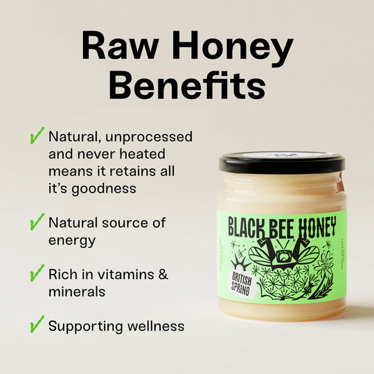Black Bee Honey British Spring Honey is a soft-set, raw honey with a clean, lightly floral sweetness.