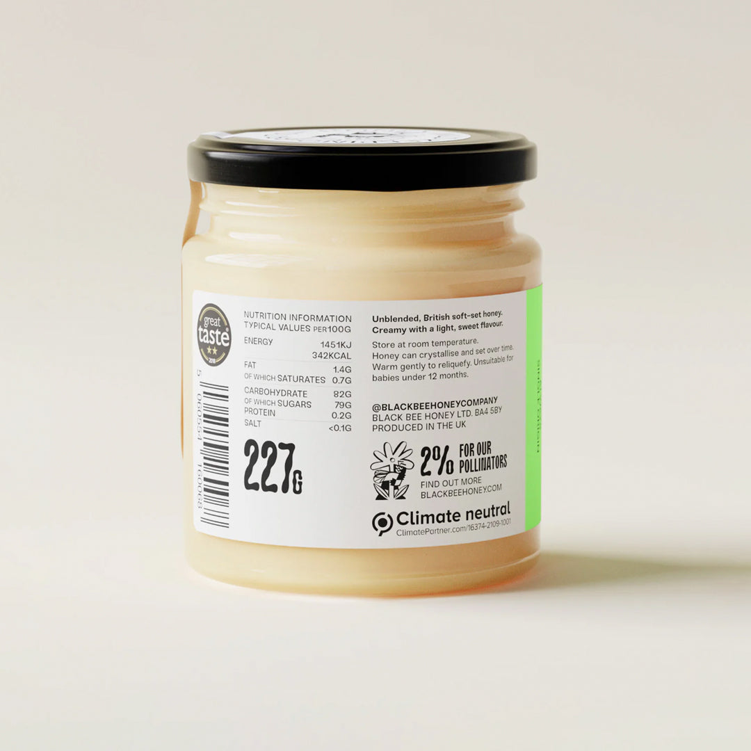 Black Bee Honey British Spring Honey is a soft-set, raw honey with a clean, lightly floral sweetness.