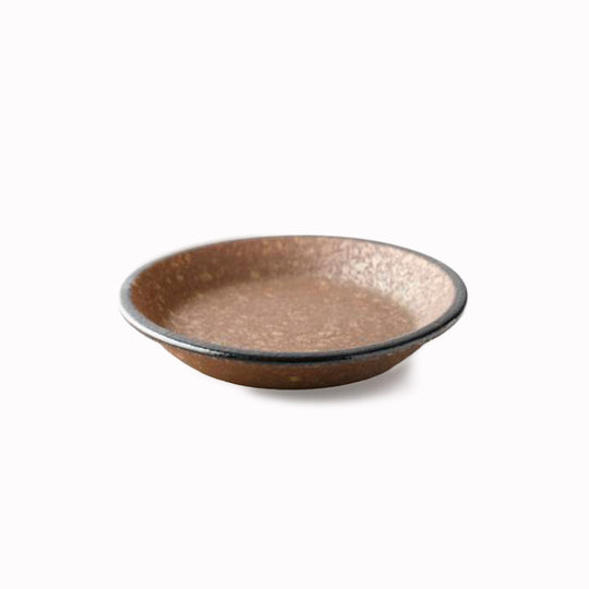 Rough textured plate with matt glaze in a coppery brown shade that catches the light to reveal a golden shimmer. Use to serve side dishes and snacks.