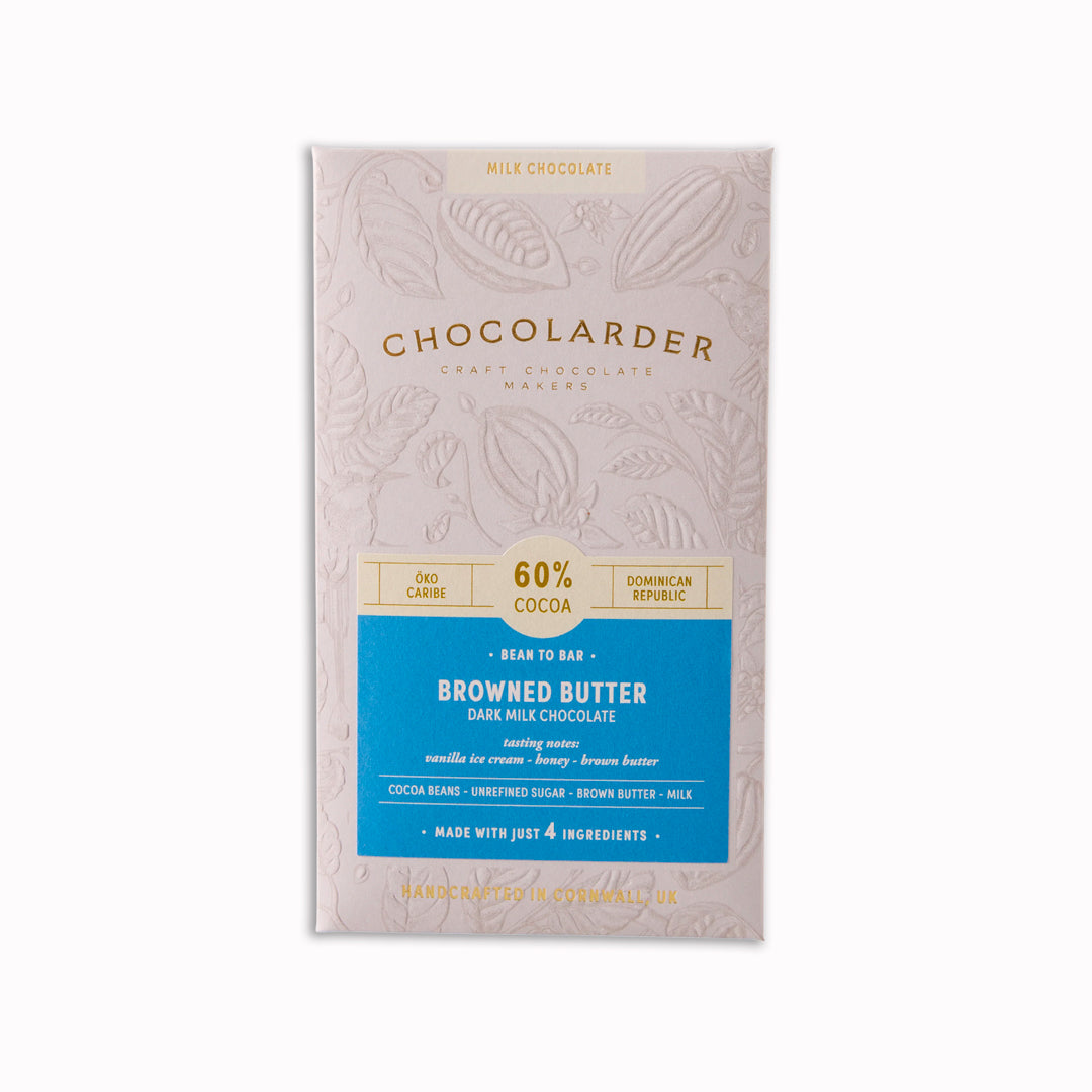 Browned Butter&nbsp;60% Milk&nbsp;Chocolate Bar is a bean to&nbsp;bar craft chocolate from the award winning Chocolarder team, made in Falmouth, UK.