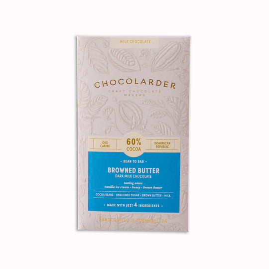 Browned Butter&nbsp;60% Milk&nbsp;Chocolate Bar is a bean to&nbsp;bar craft chocolate from the award winning Chocolarder team, made in Falmouth, UK.