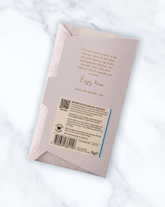 Browned Butter&nbsp;60% Milk&nbsp;Chocolate Bar is a bean to&nbsp;bar craft chocolate from the award winning Chocolarder team, made in Falmouth, UK.