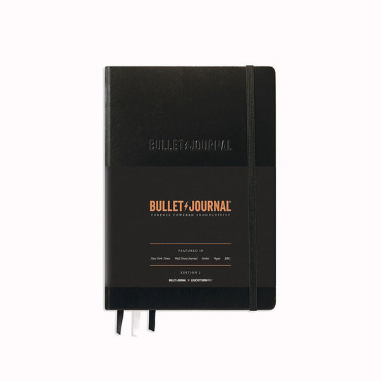 Black A5 Bullet Journal Edition 2 from Leuchtturm1917 features a smooth paper surface with very low transparency. Additionally, the journal includes a detachable Bullet Journal pocket guide, index, future log and 206 numbered pages.