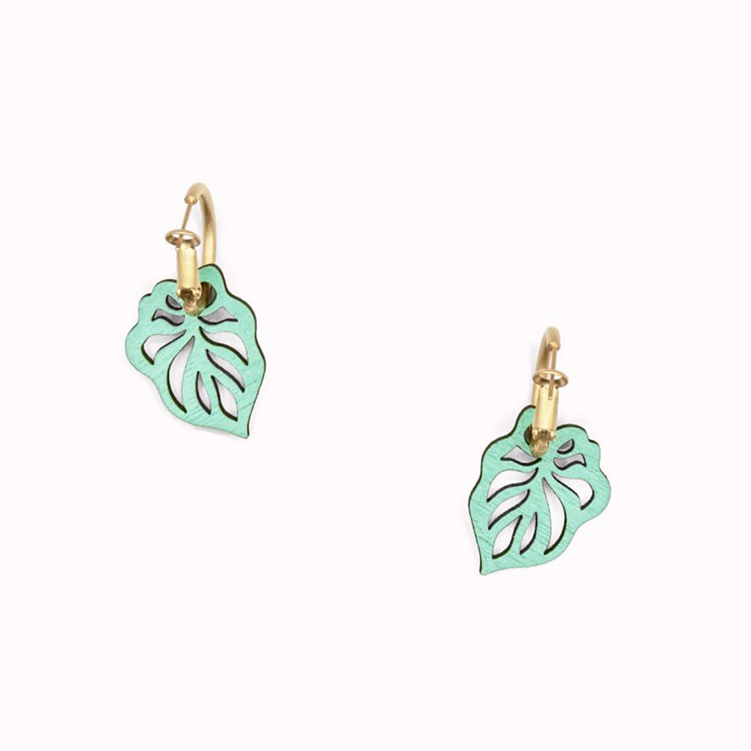 Rear of reversible leaf hoop earrings from Materia Rica in a calm pale blue and mint green colourway.