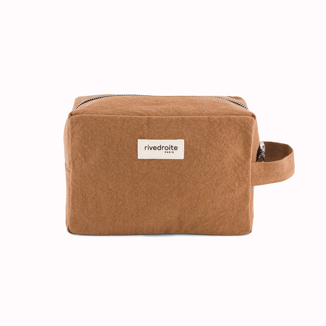Camel, Tournelles XL. A zippered pouch in a pleasing cube shape which is large enough for essential make up items on a weekend away.