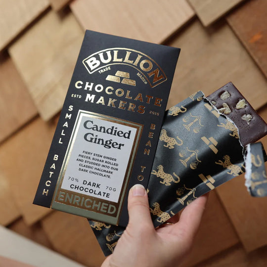 Bullion have studded their Hallmark Ecuadorian dark chocolate with fiery stem ginger pieces for the perfect indulgent treat. Craft chocolate with a kick, you won't like it - you'll love it!