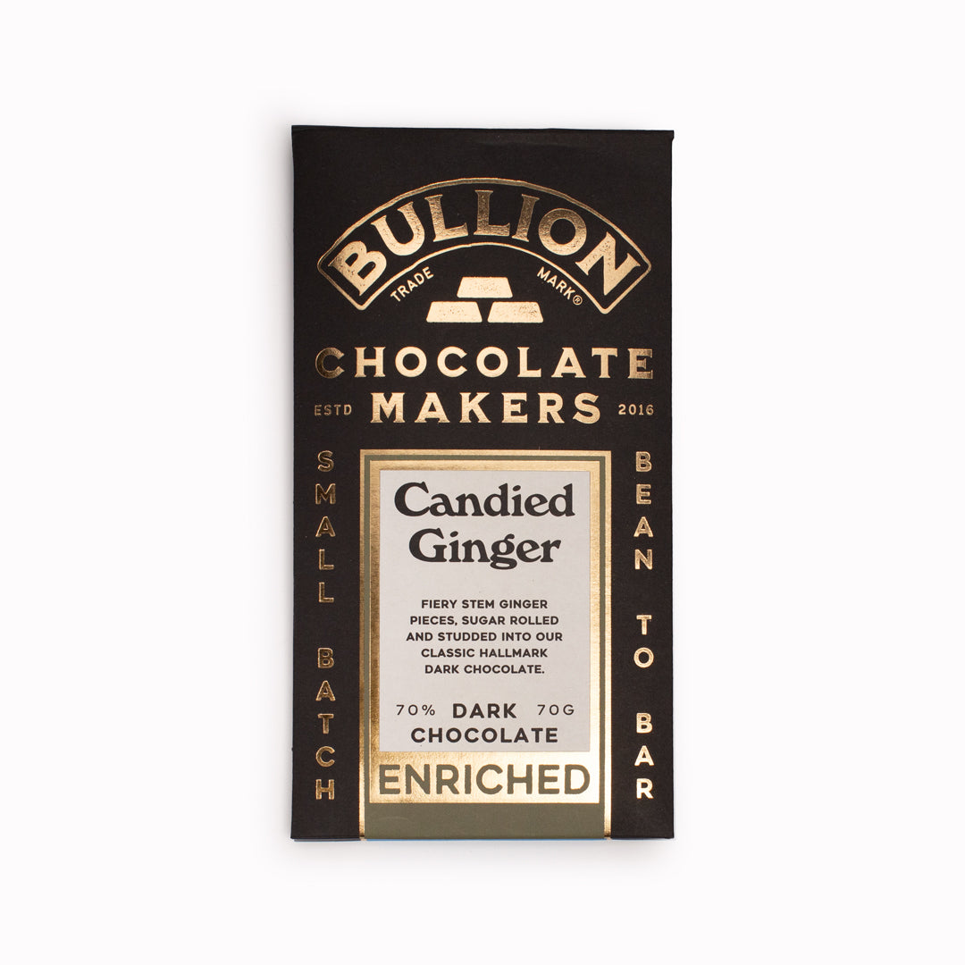 Bullion have studded their Hallmark Ecuadorian dark chocolate with fiery stem ginger pieces for the perfect indulgent treat. Craft chocolate with a kick, you won't like it - you'll love it!