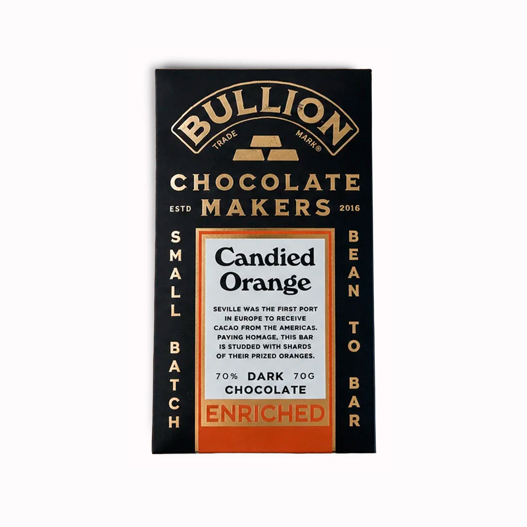 Seville was the first port in Europe to receive cacao from the Americas. Paying homage, this Bean-to-Bar dark chocolate bar from Bullion Chocolate is studded with shards of their prized oranges and infused with a delicious orange taste.
