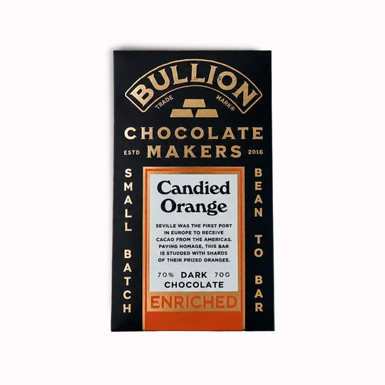 Seville was the first port in Europe to receive cacao from the Americas. Paying homage, this Bean-to-Bar dark chocolate bar from Bullion Chocolate is studded with shards of their prized oranges and infused with a delicious orange taste.