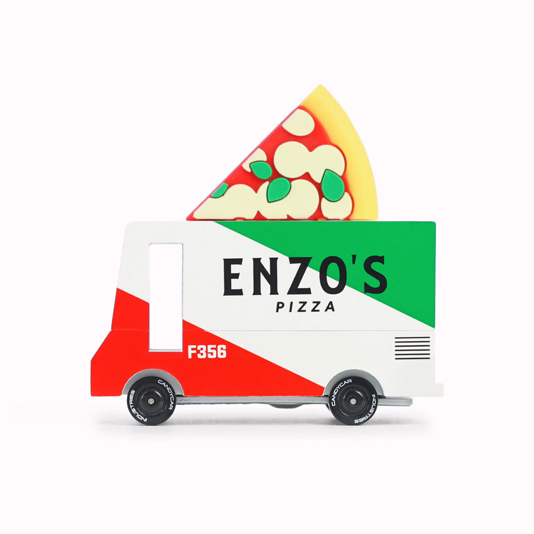 The new Pizza Van from Candylab Toys has arrived!  Striking and Classically striped in Red and Green this archetypal NY food truck is topped off with its own pizza slice. 