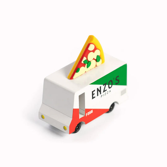 The new Pizza Van from Candylab Toys has arrived!  Striking and Classically striped in Red and Green this archetypal NY food truck is topped off with its own pizza slice. 