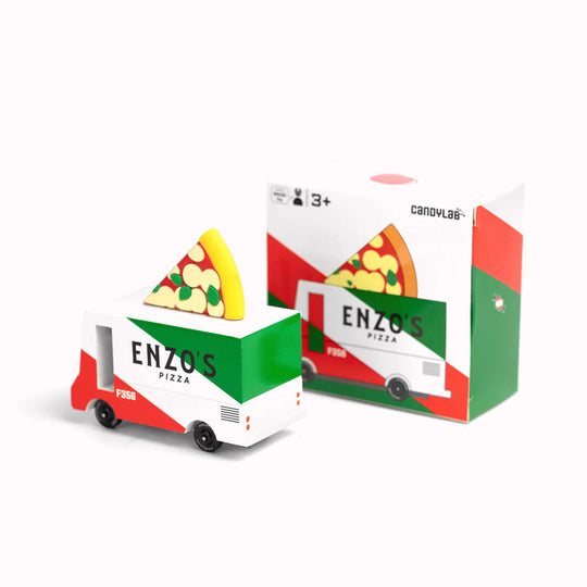 Pictured with box, The new Pizza Van from Candylab Toys has arrived!  Striking and Classically striped in Red and Green this archetypal NY food truck is topped off with its own pizza slice. 