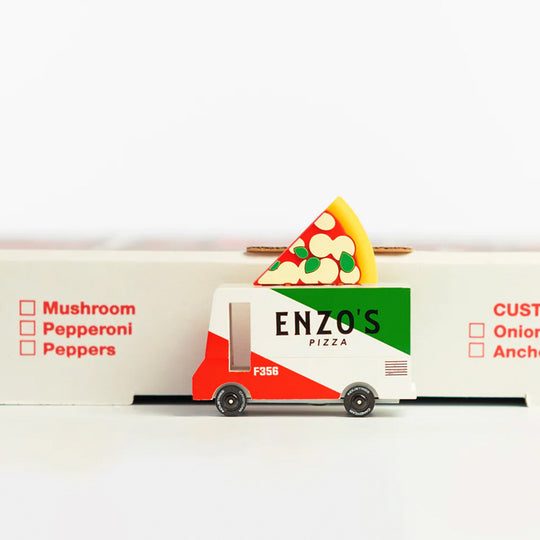 lifestyle image, The new Pizza Van from Candylab Toys has arrived!  Striking and Classically striped in Red and Green this archetypal NY food truck is topped off with its own pizza slice. 