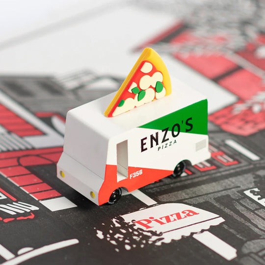 View on Pizza box, The new Pizza Van from Candylab Toys has arrived!  Striking and Classically striped in Red and Green this archetypal NY food truck is topped off with its own pizza slice. 