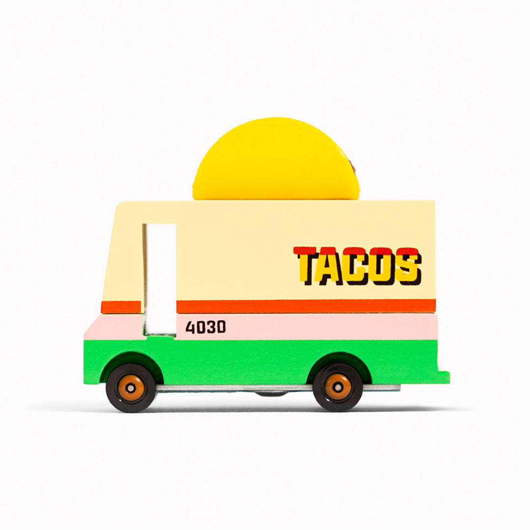 Taco truck from Candylab, inspired by the trailblazing spirit of the very first food trucks in the USA. Designed with true Southern California vibes in mind, it has fun and feisty coats of paint, some spanking orange wheels, and a terrific taco up top!