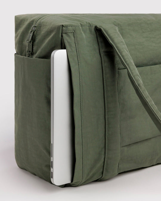 Made from recycled heavyweight nylon in a muted green colourway, it holds its shape without feeling rigid.