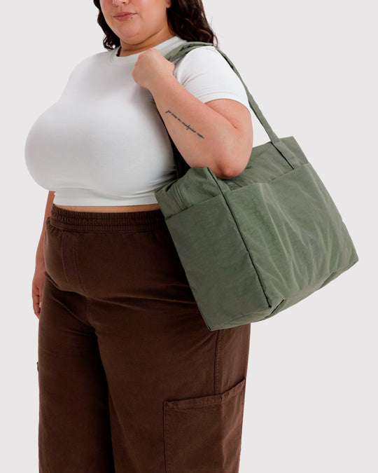 Made from recycled heavyweight nylon in a muted green colourway, it holds its shape without feeling rigid.