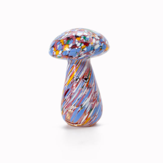 Shroom Crystal Blob is formed by dipping and/or rolling molten (hot!) clear glass into smaller chunks of brightly coloured glass droplets, then expertly shaping into weird and wonderful forms.