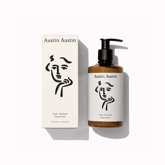Austin Austin’s Cedar &amp; Patchouli Hand Cream offers luxurious care for your hands, combining high-quality, certified organic ingredients with a commitment to sustainability