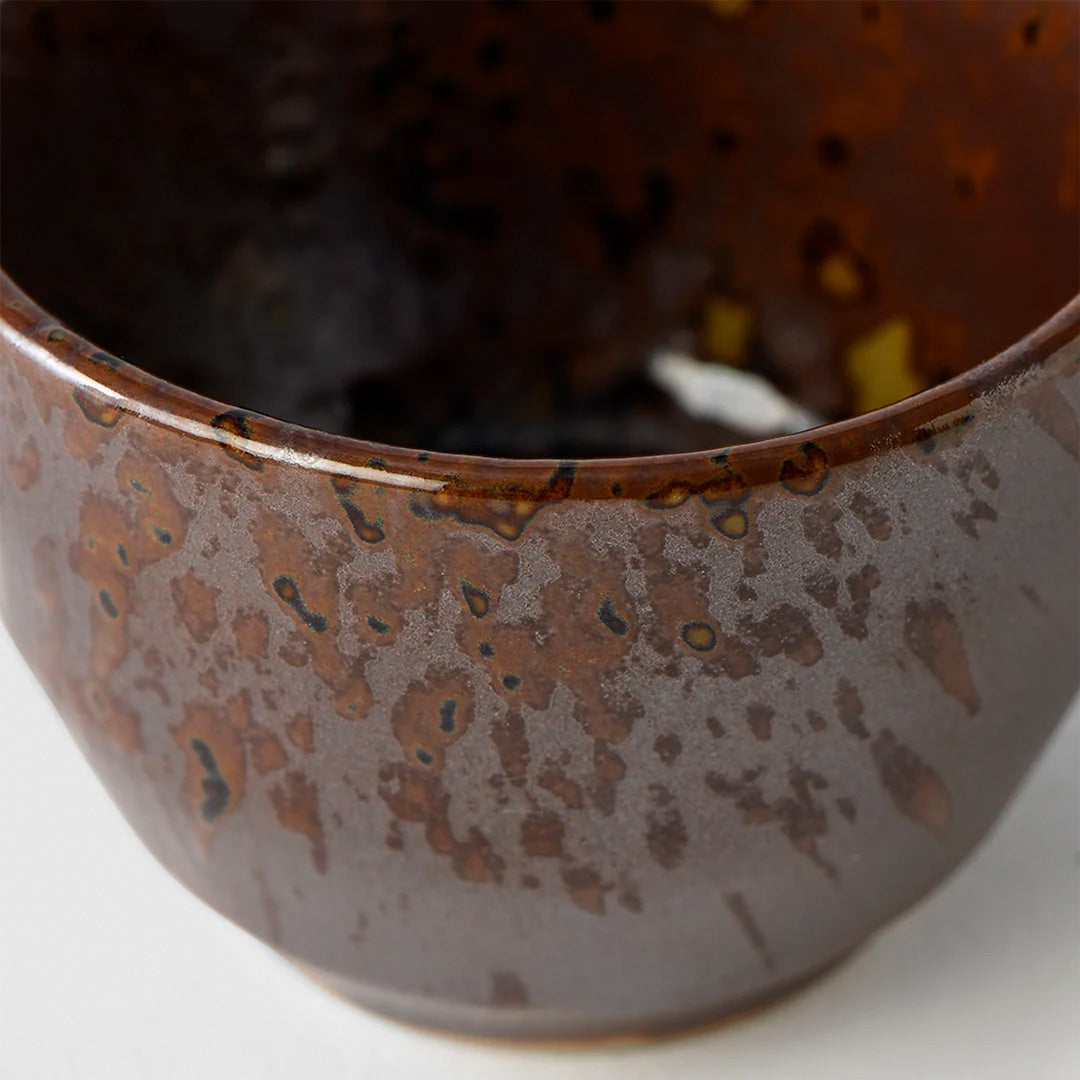 Sake Cup with forest green speckle on an earthy brown glaze base from Made in Japan. Made from 'Minoyaki' porcelain, fired at a high temperature and hand finished in Gifu prefecture.