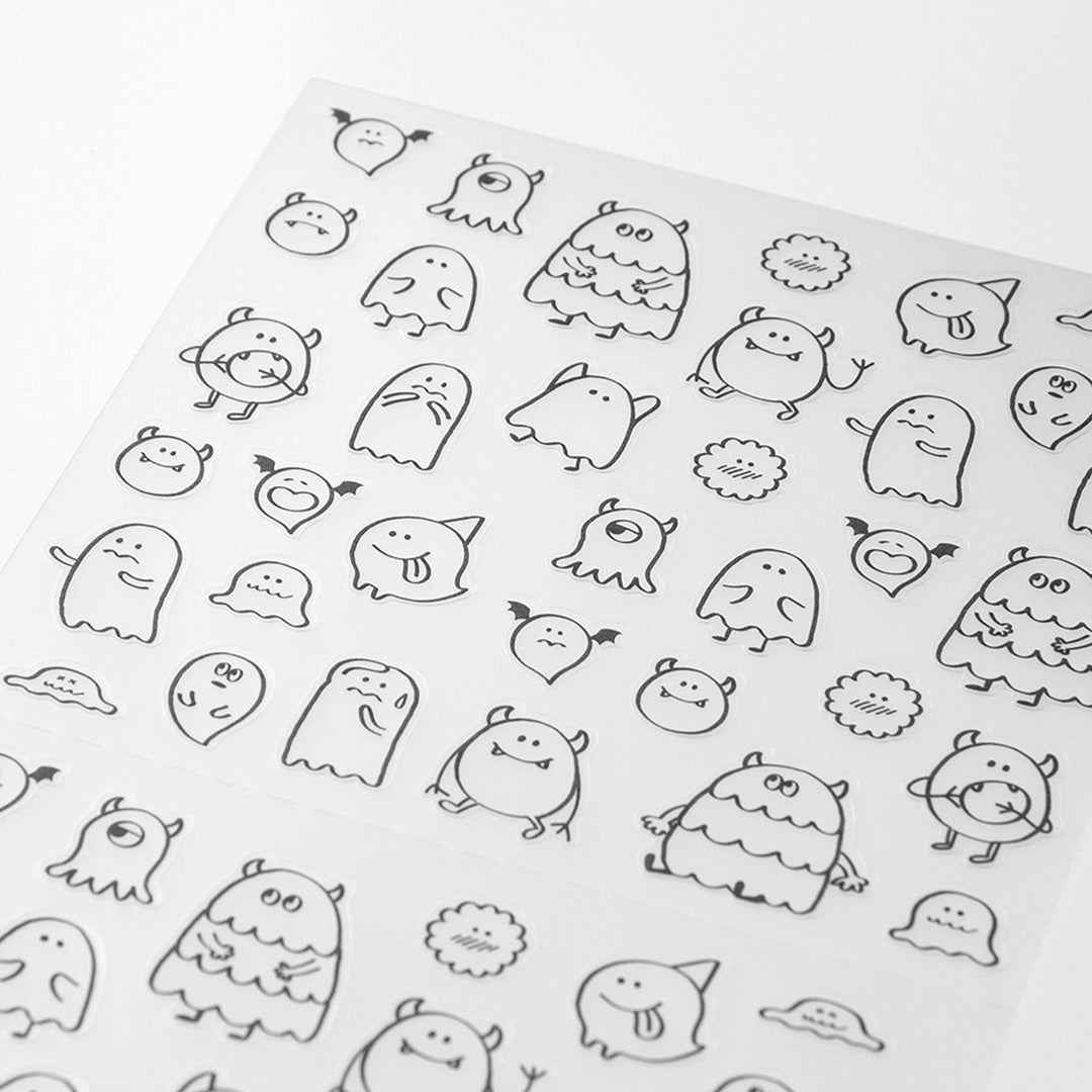 Add some personality to your journalling with Midori's chat monster stickers. The mono coloured hand drawn designs have a low tack sticky adhesive back meaning that they are reusable and are printed on a hardwearing translucent acrylic paper to look like they are printed on the page.