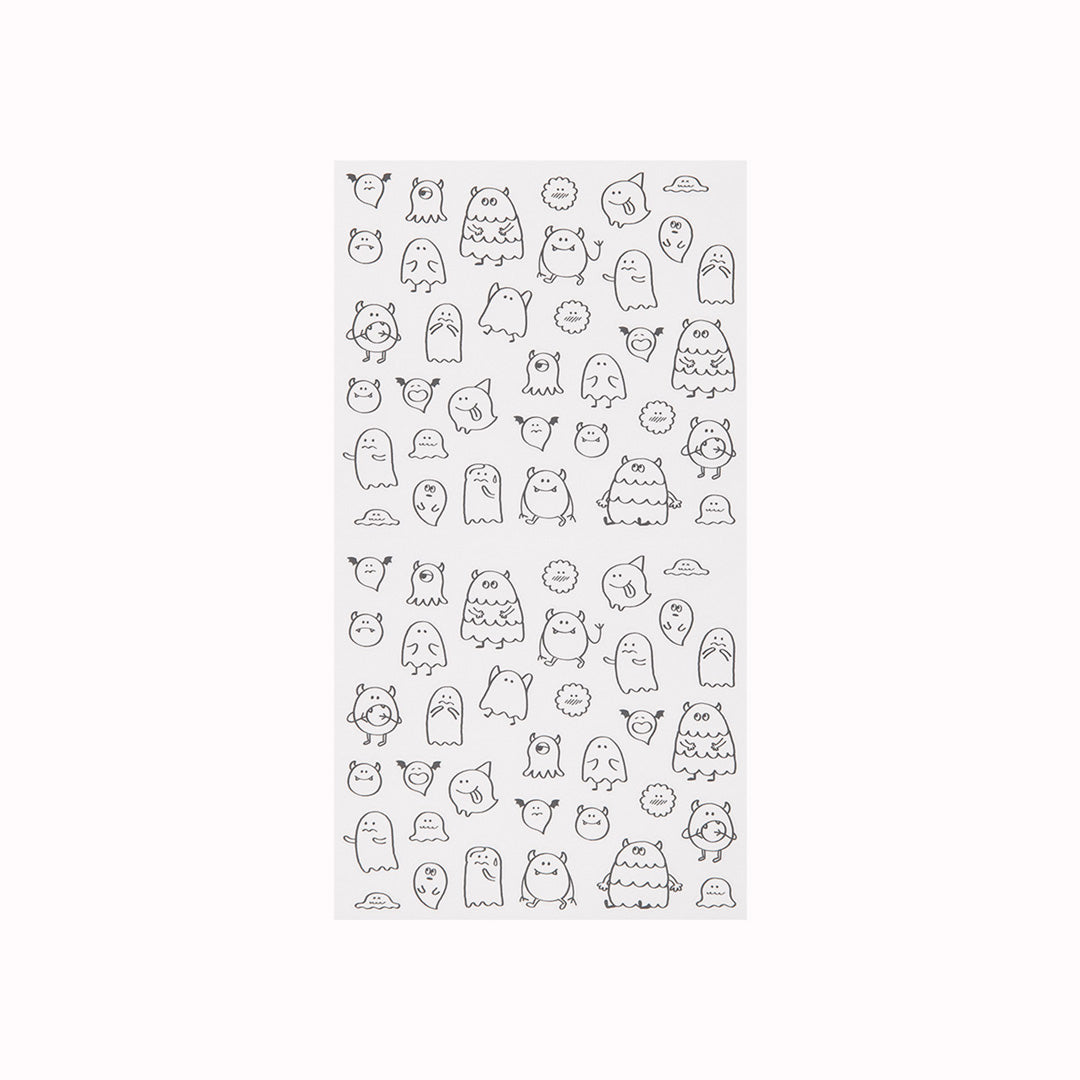 Add some personality to your journalling with Midori's chat monster stickers. The mono coloured hand drawn designs have a low tack sticky adhesive back meaning that they are reusable and are printed on a hardwearing translucent acrylic paper to look like they are printed on the page.