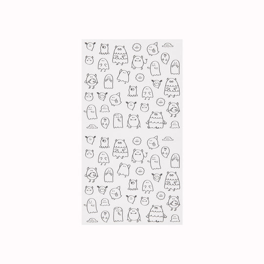 Add some personality to your journalling with Midori's chat monster stickers. The mono coloured hand drawn designs have a low tack sticky adhesive back meaning that they are reusable and are printed on a hardwearing translucent acrylic paper to look like they are printed on the page.