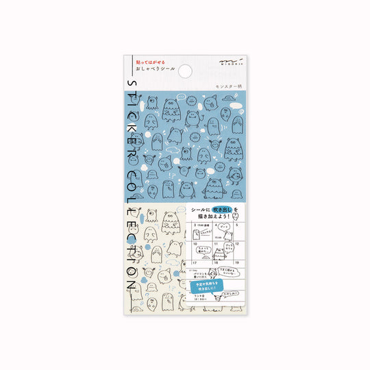 Add some personality to your journalling with Midori's chat monster stickers. The mono coloured hand drawn designs have a low tack sticky adhesive back meaning that they are reusable and are printed on a hardwearing translucent acrylic paper to look like they are printed on the page.