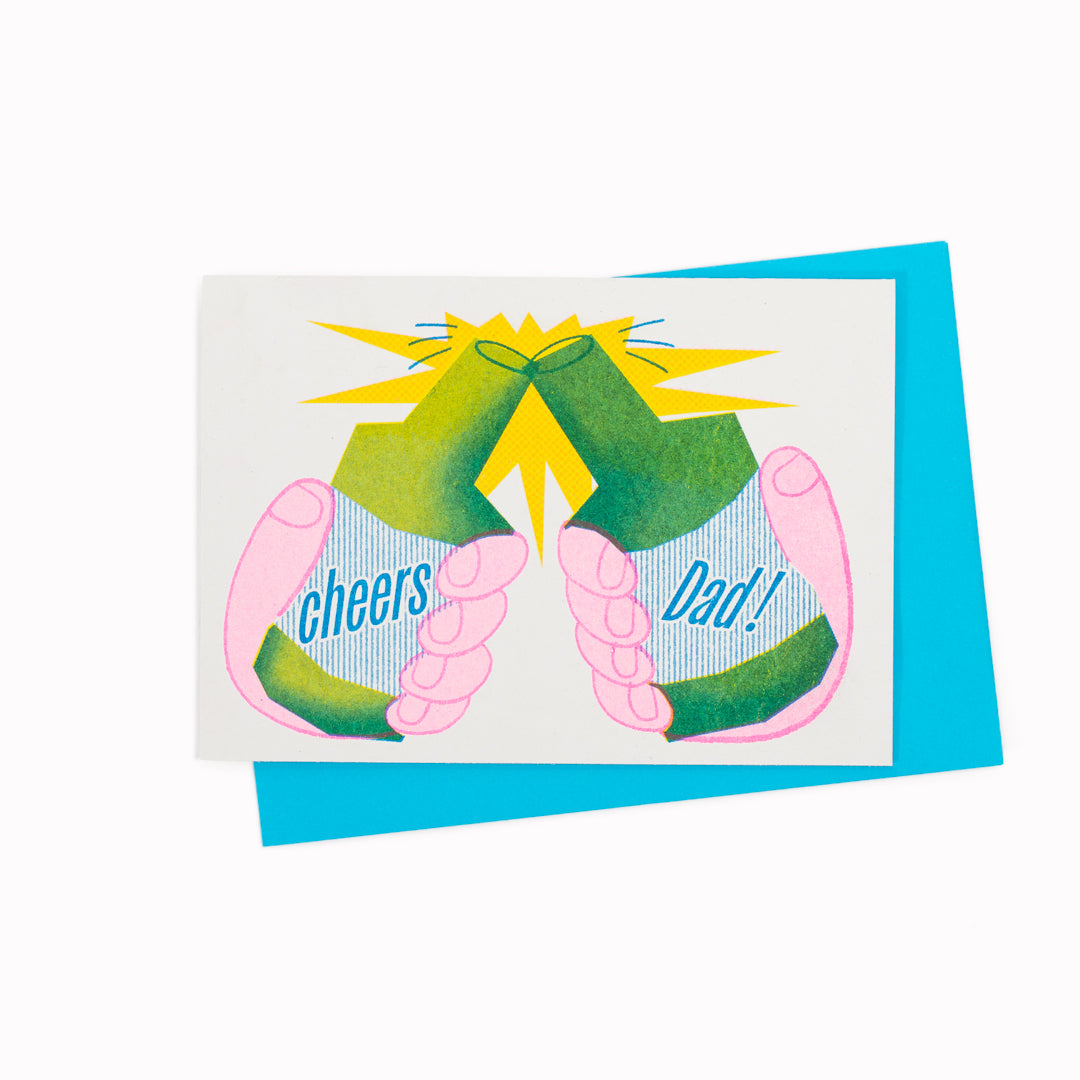 Risograph printed Father's Day Card by Rebecca Buchanan. Bold modern illustration with the printed charm of risograph.