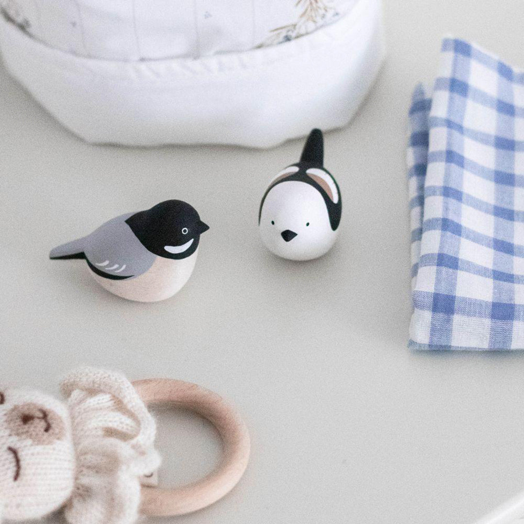 Adorable black headed Chickadee wooden bird from the Pole Pole Kotori collection by Japanese brand T-Lab.