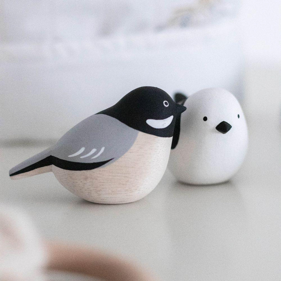 Adorable black headed Chickadee wooden bird from the Pole Pole Kotori collection by Japanese brand T-Lab.
