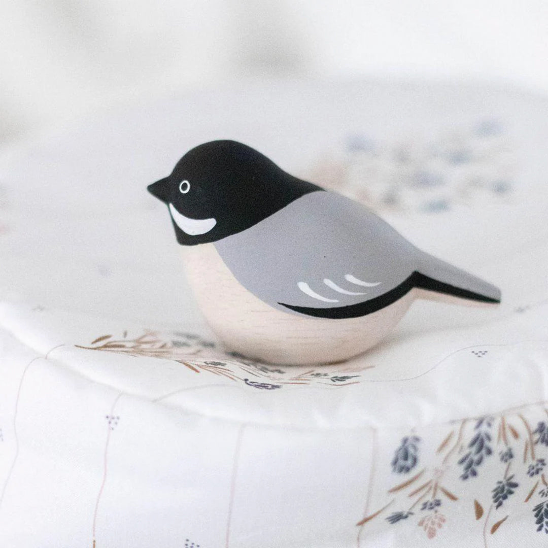 Adorable black headed Chickadee wooden bird from the Pole Pole Kotori collection by Japanese brand T-Lab.