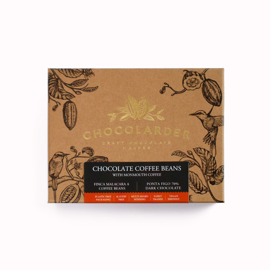 Roasted coffee beans from Monmouth Coffee in London, coated in Chocolarder’s fruity 70% Ponta Figo dark chocolate. 