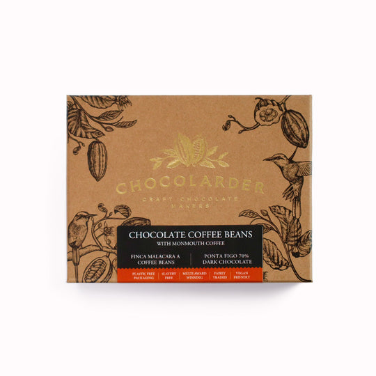 Roasted coffee beans from Monmouth Coffee in London, coated in Chocolarder’s fruity 70% Ponta Figo dark chocolate. 