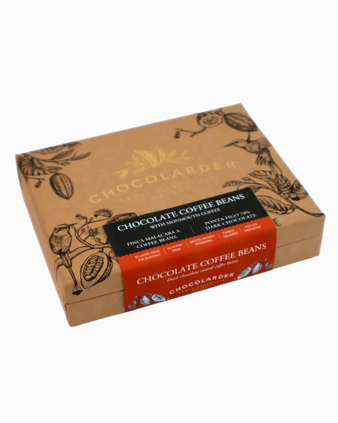 Roasted coffee beans from Monmouth Coffee in London, coated in Chocolarder’s fruity 70% Ponta Figo dark chocolate. 
