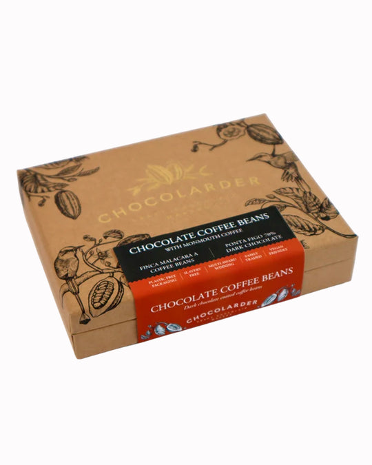 Roasted coffee beans from Monmouth Coffee in London, coated in Chocolarder’s fruity 70% Ponta Figo dark chocolate. 