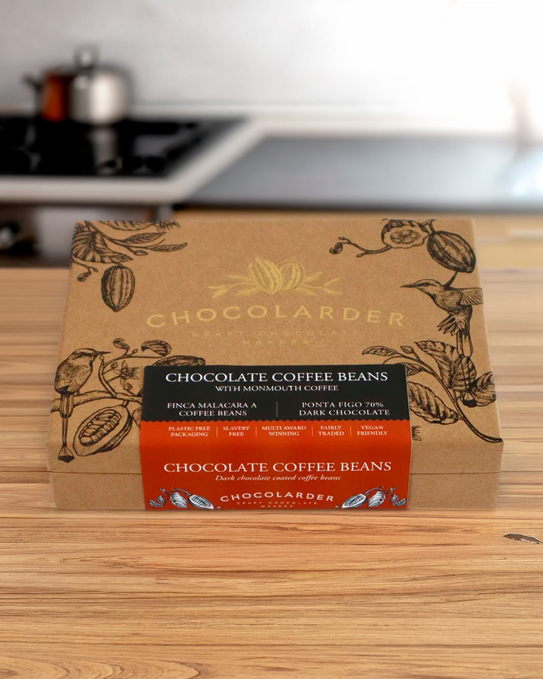 Roasted coffee beans from Monmouth Coffee in London, coated in Chocolarder’s fruity 70% Ponta Figo dark chocolate. 