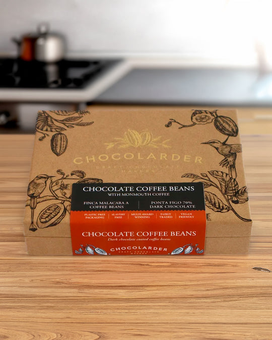 Roasted coffee beans from Monmouth Coffee in London, coated in Chocolarder’s fruity 70% Ponta Figo dark chocolate. 