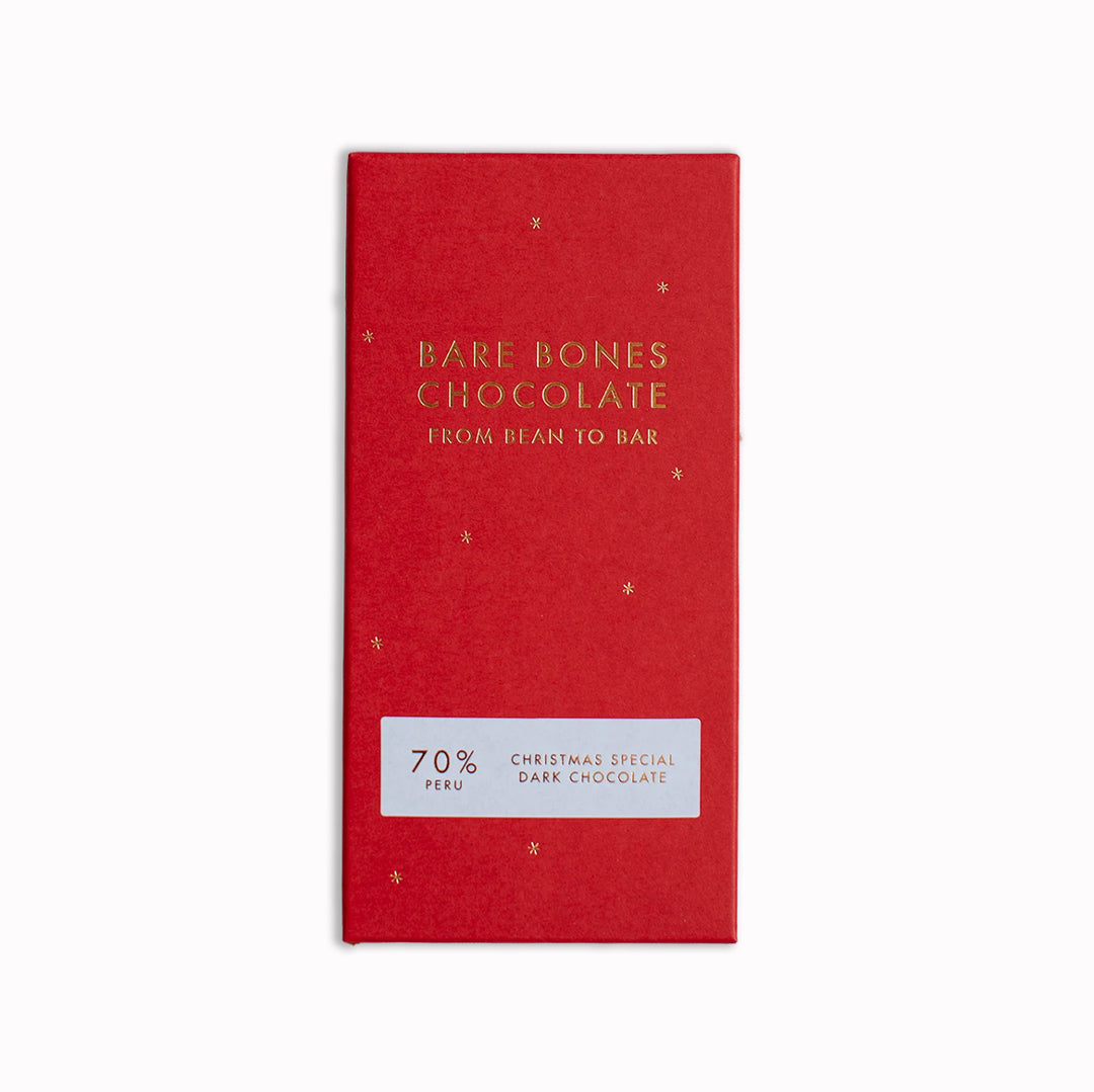 The 2025 Christmas Special chocolate bar by Bare Bones is a single-origin Peru 70% dark chocolate with appropriately festive taste notes of mince pies and cinnamon.