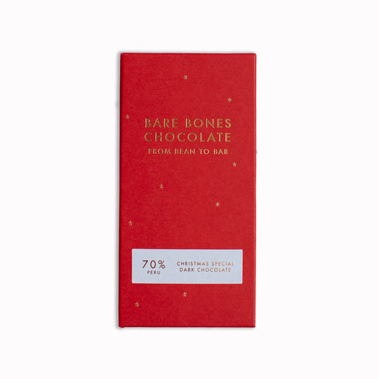 The 2025 Christmas Special chocolate bar by Bare Bones is a single-origin Peru 70% dark chocolate with appropriately festive taste notes of mince pies and cinnamon.
