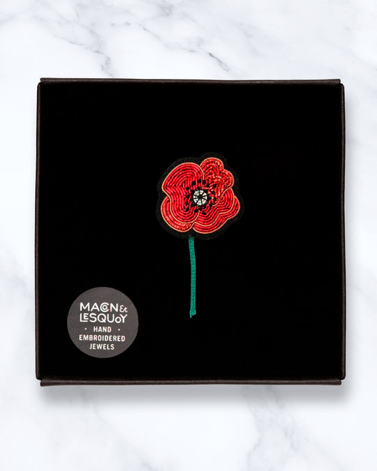 Make a statement with this beautiful Claude's Poppy hand embroidered decorative lapel pin by Paris based Macon et Lesquoy
