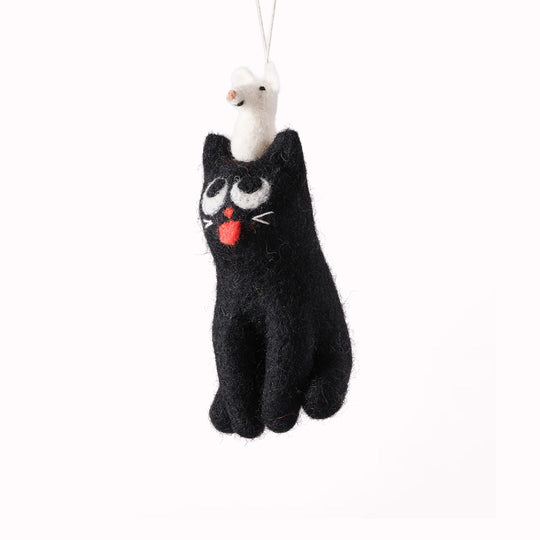 Clint the black cat is being teased by a white mouse on his head! He is a playful felted Christmas tree decoration designed by Elliot Kruszynski.