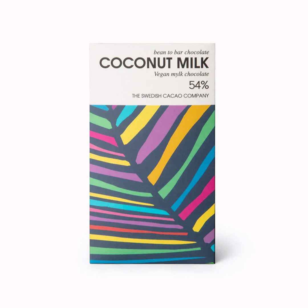 Coconut Milk 54% vegan friendly plant milk chocolate bar, by Swedish craft chocolate company Svenska Kakao. A nutty chocolate with creamy coconut base instead of milk. 