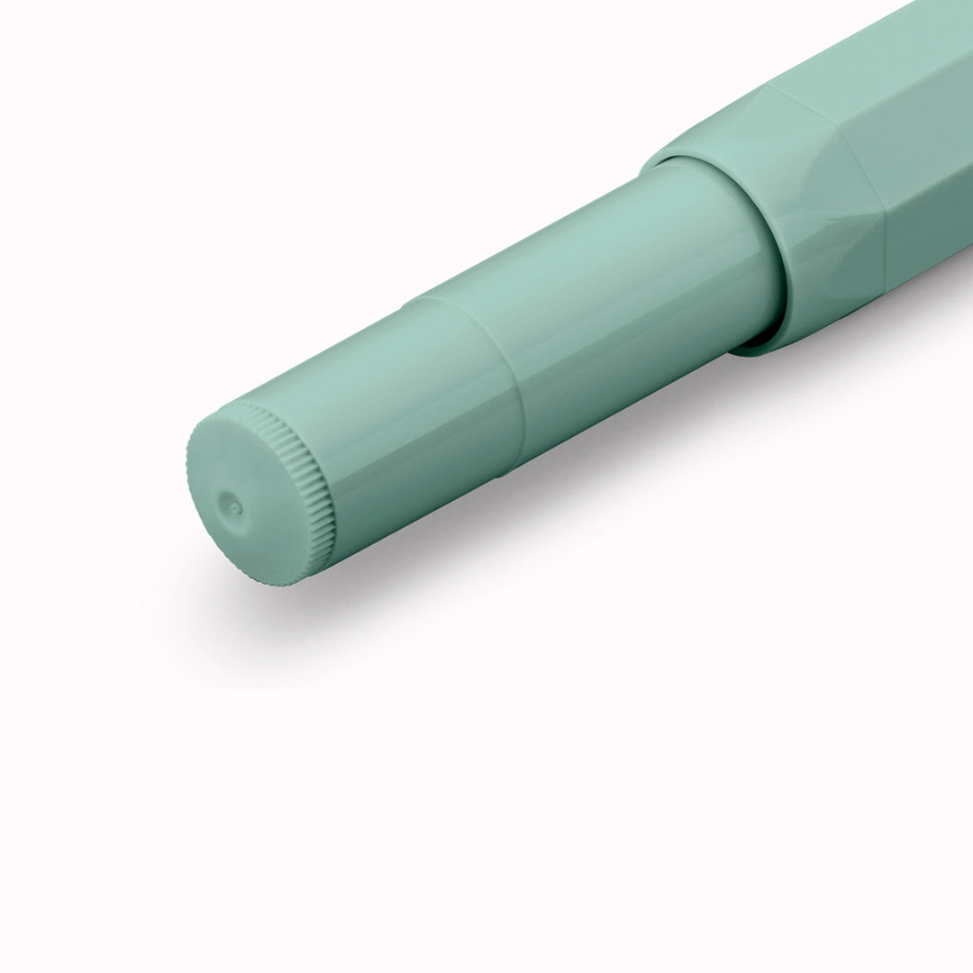 Smooth Sage Pen End Detail, The Kaweco Collection Special Edition fountain pen in Sage Green with silver accents. Sage Green is associated with a calm environment and positivity, a colour that fosters creativity.